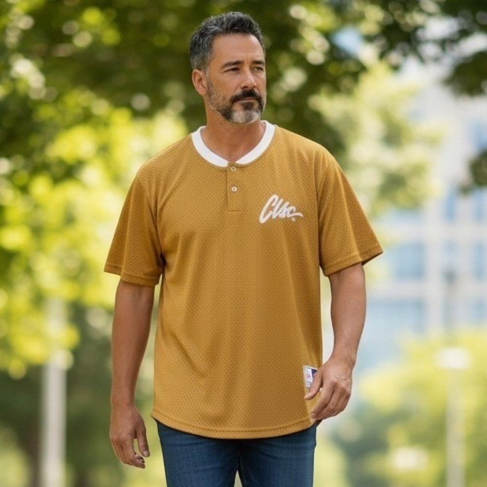 CLSC Los Angeles Mens Mesh Jersey Henley Shirt Mustard Gold Embroidered Logo M